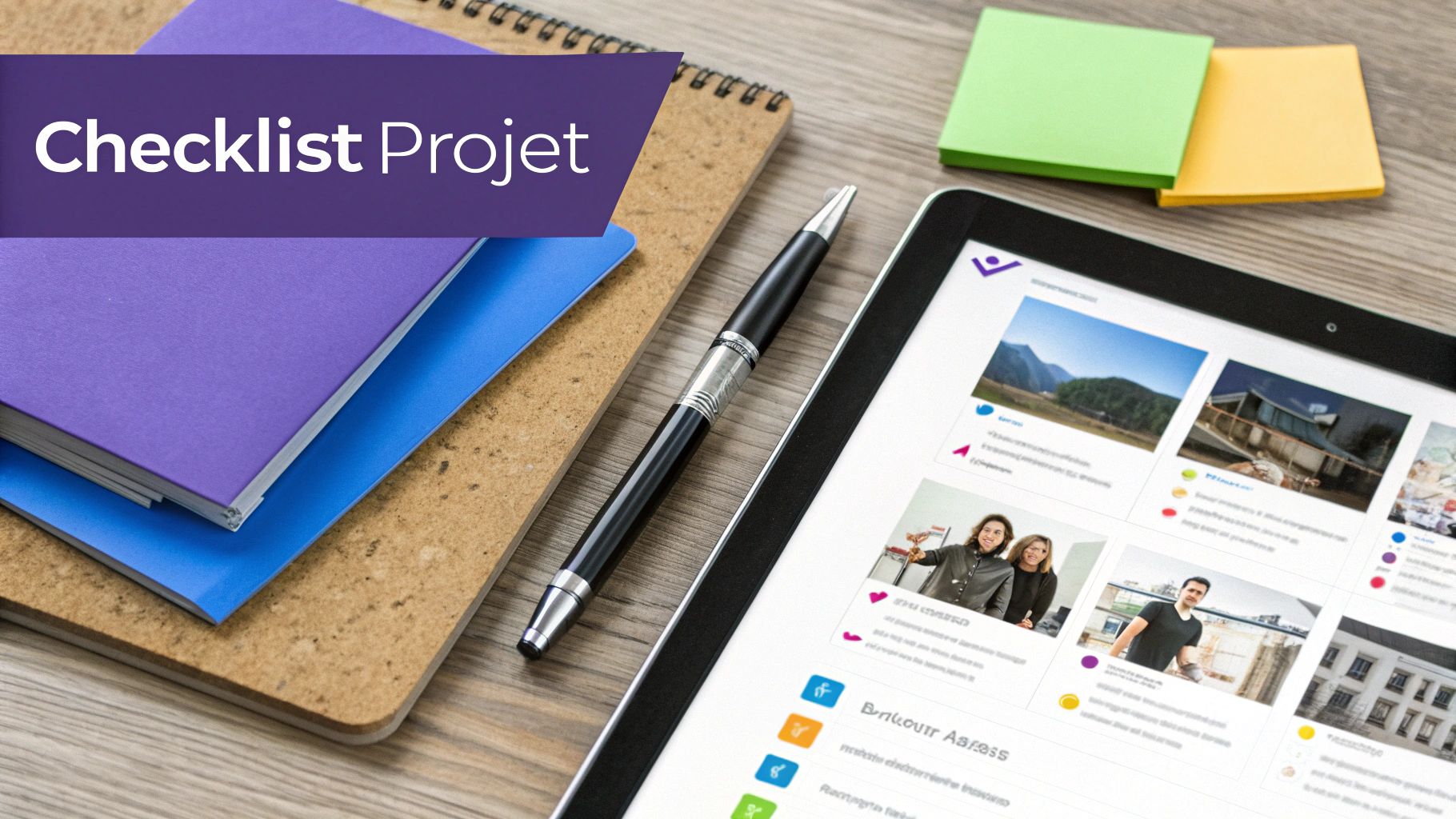 Vue de dessus d'un bureau avec des cahiers, un stylo, des post-it et une tablette. Un bandeau violet indique 'Checklist Projet'.