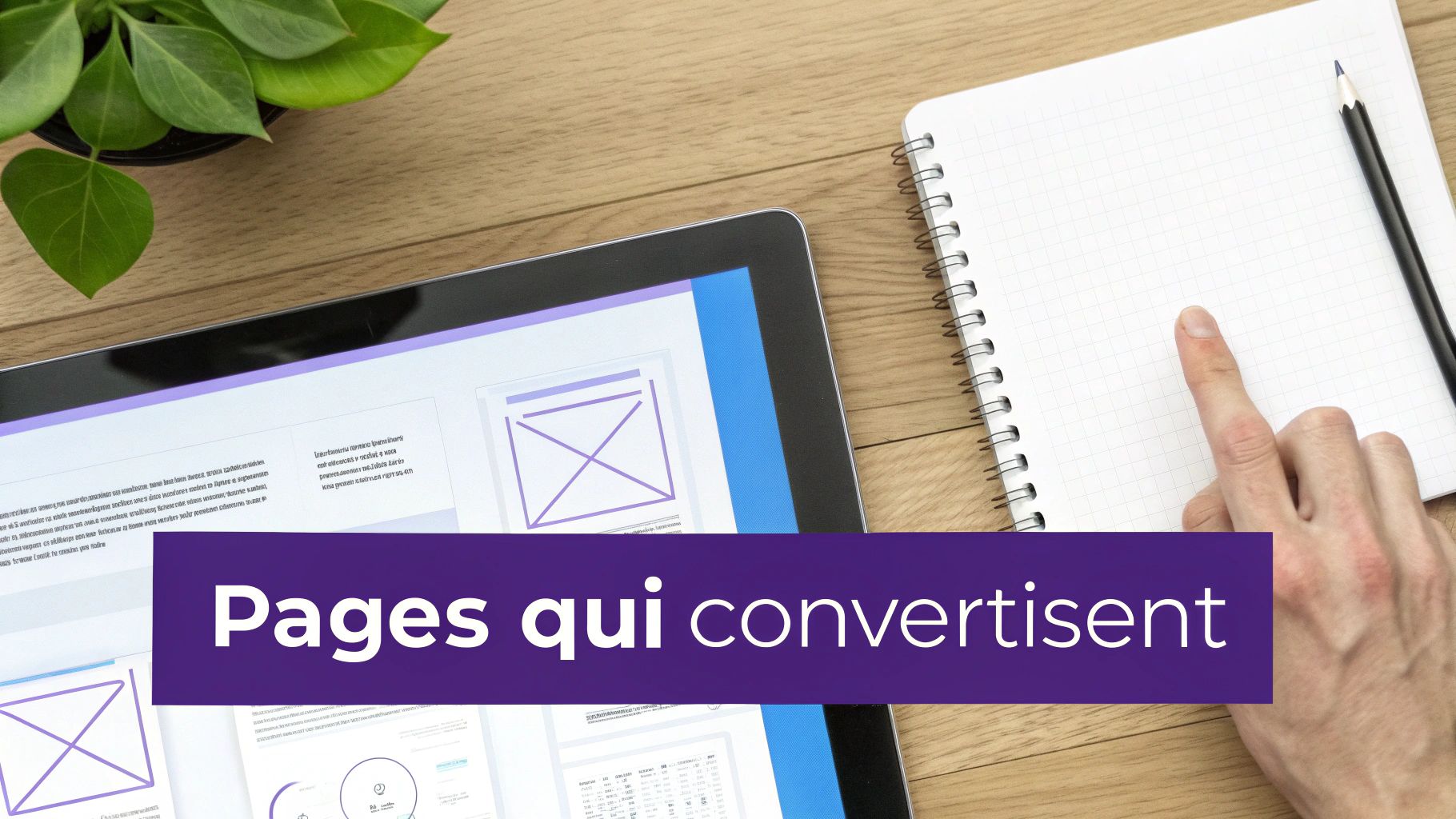 Une tablette affichant des wireframes de site web, un carnet, un crayon, et une main, avec le texte 'Pages qui convertissent'.