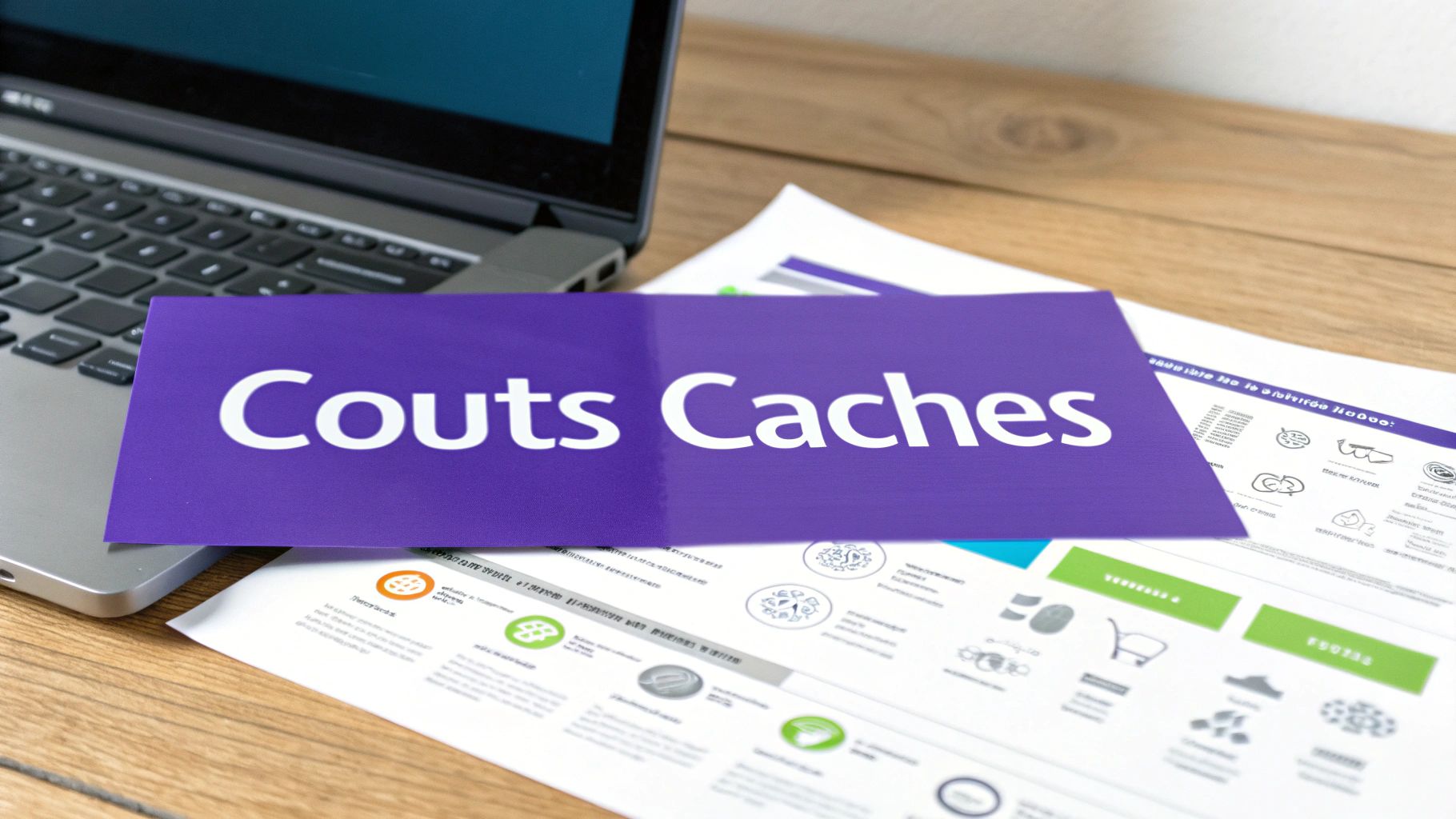 Un ordinateur portable et des documents avec une carte violette affichant 'Coûts Cachés' sur un bureau en bois.