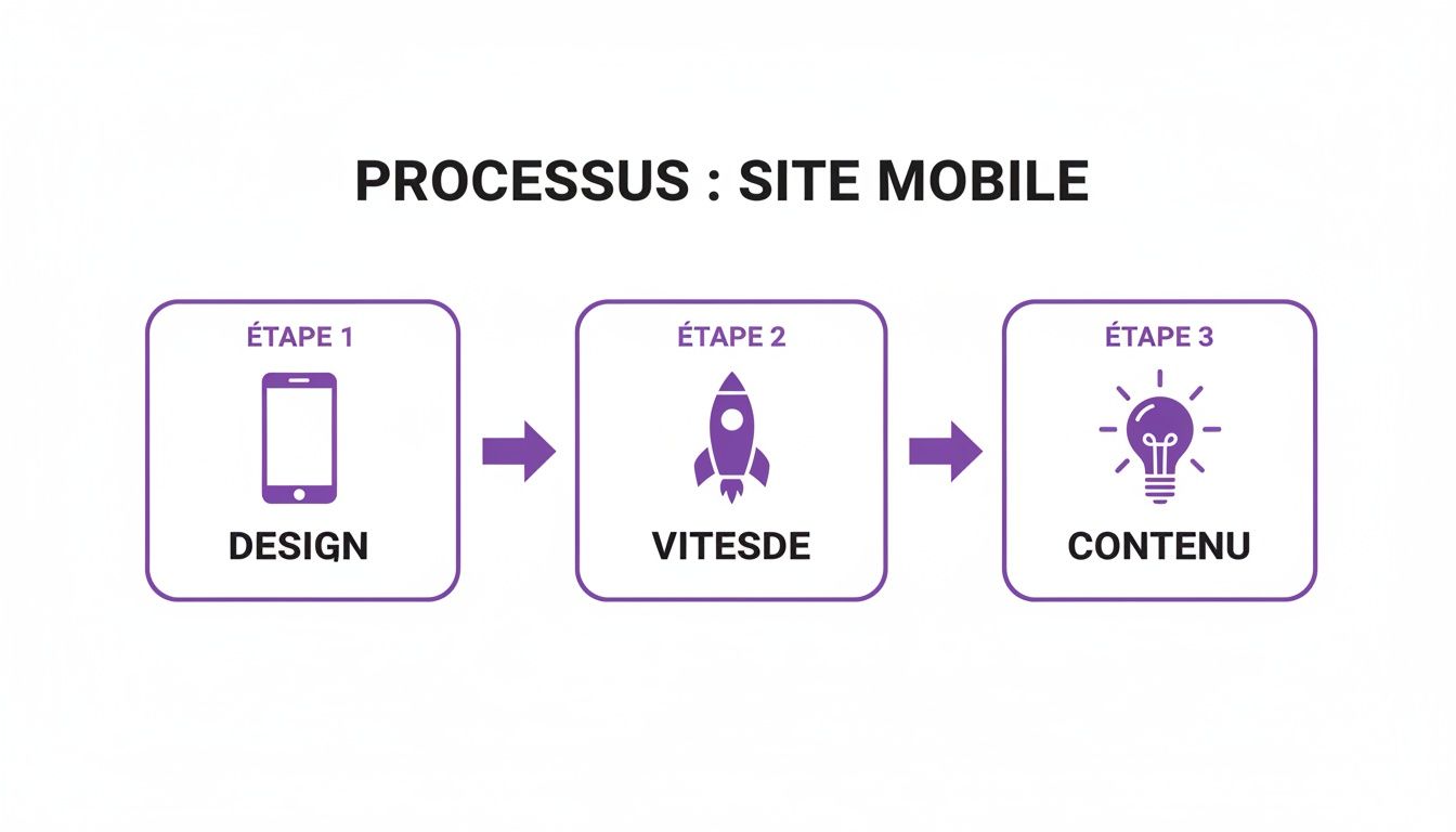 Diagramme détaillant les trois étapes clés pour un site mobile : design, vitesse et contenu.