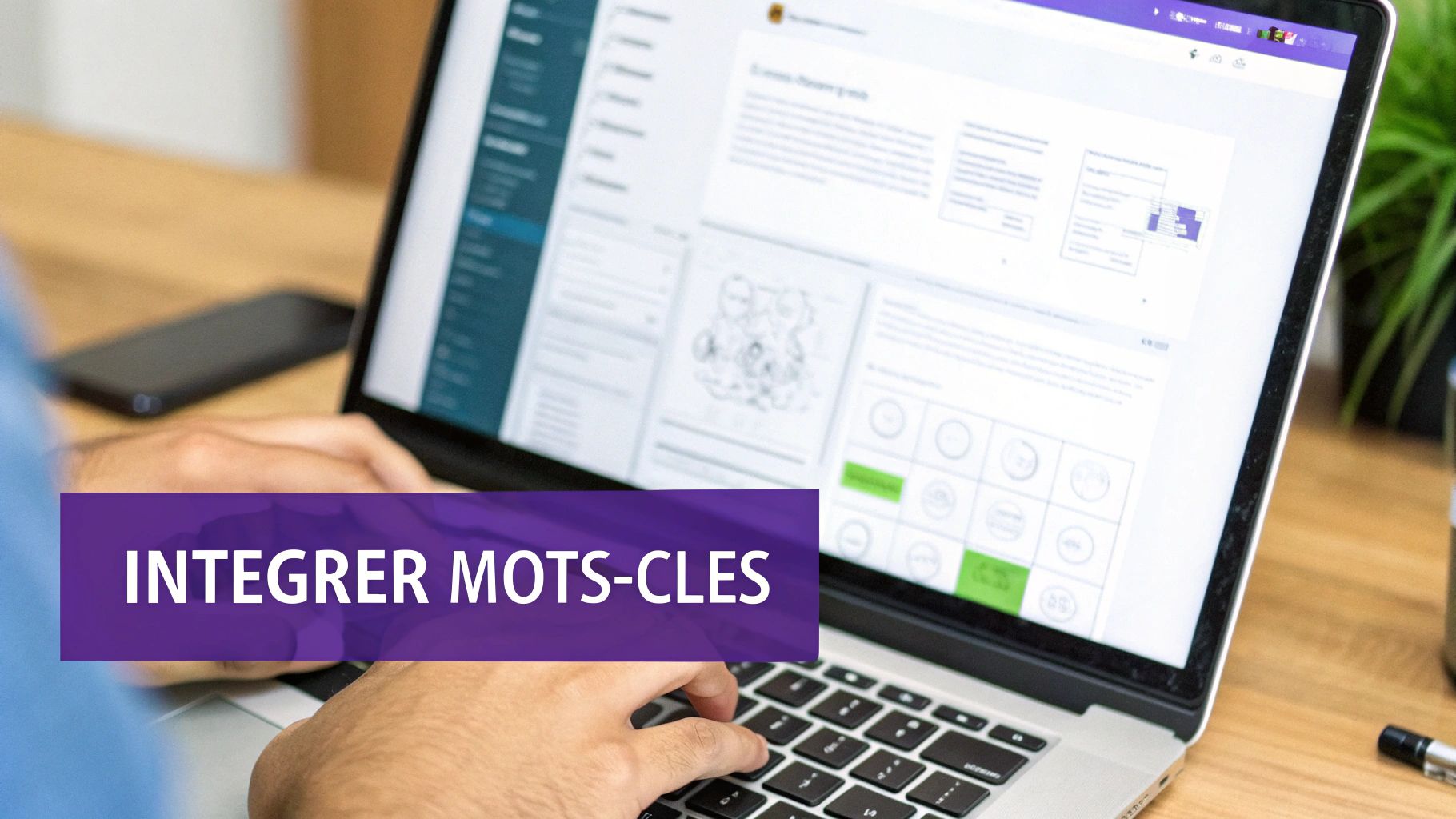 Une personne tape sur un ordinateur portable affichant une interface web avec le texte 'INTEGRER MOTS-CLES' pour optimiser le référencement.