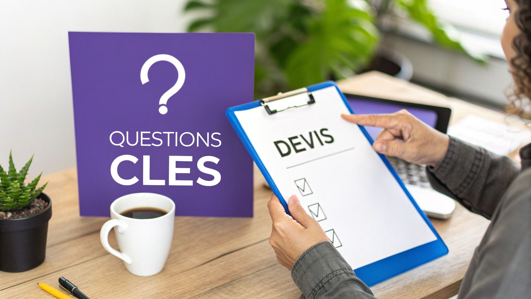 Femme examinant un devis sur un presse-papiers, avec des questions clés et une tasse de café sur un bureau.