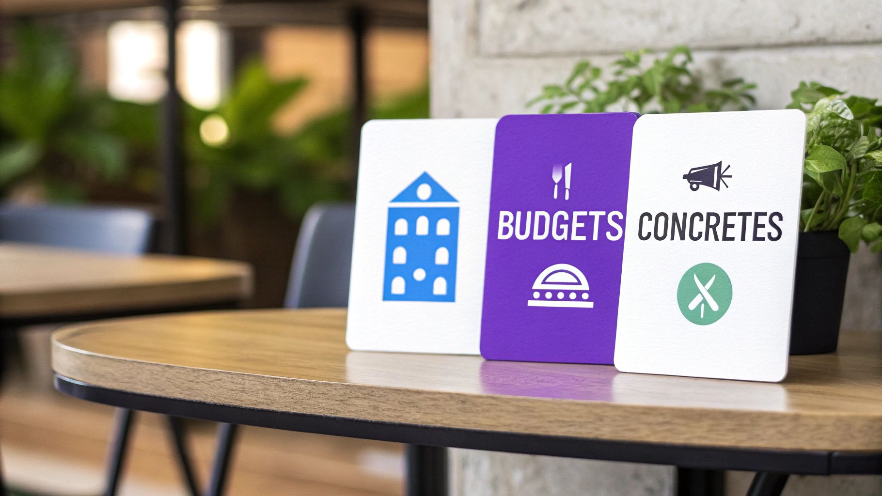 Trois cartes affichant des icônes et les mots 'Budgets' et 'Concretes' posées sur une table en bois.