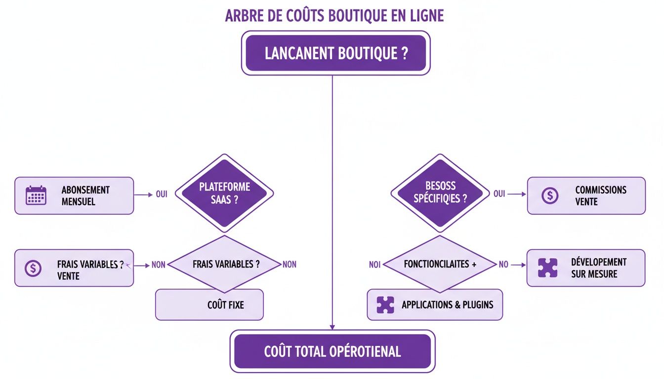 Diagramme de flux des coûts pour le lancement d'une boutique en ligne, détaillant les dépenses opérationnelles.