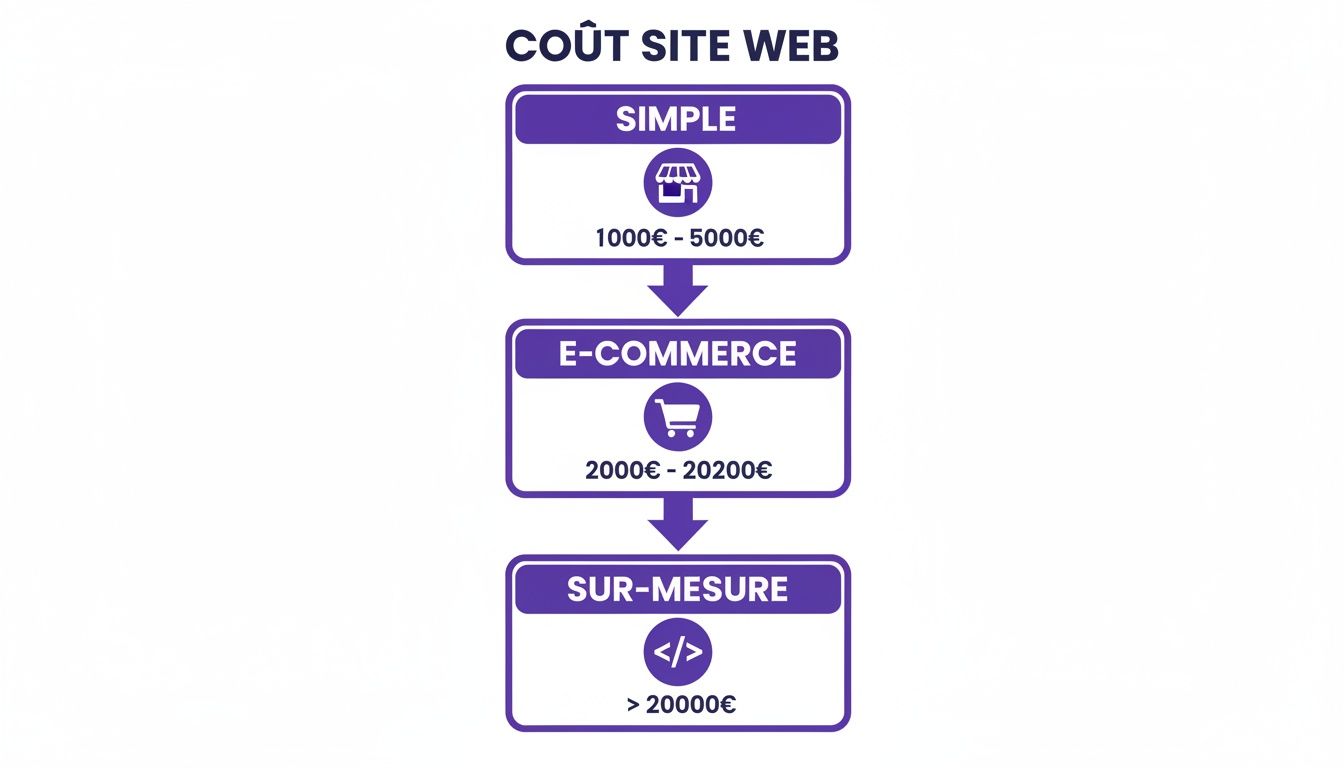 Infographie illustrant le coût d'un site web, divisé en trois catégories : simple, e-commerce et sur mesure, avec leurs fourchettes de prix.