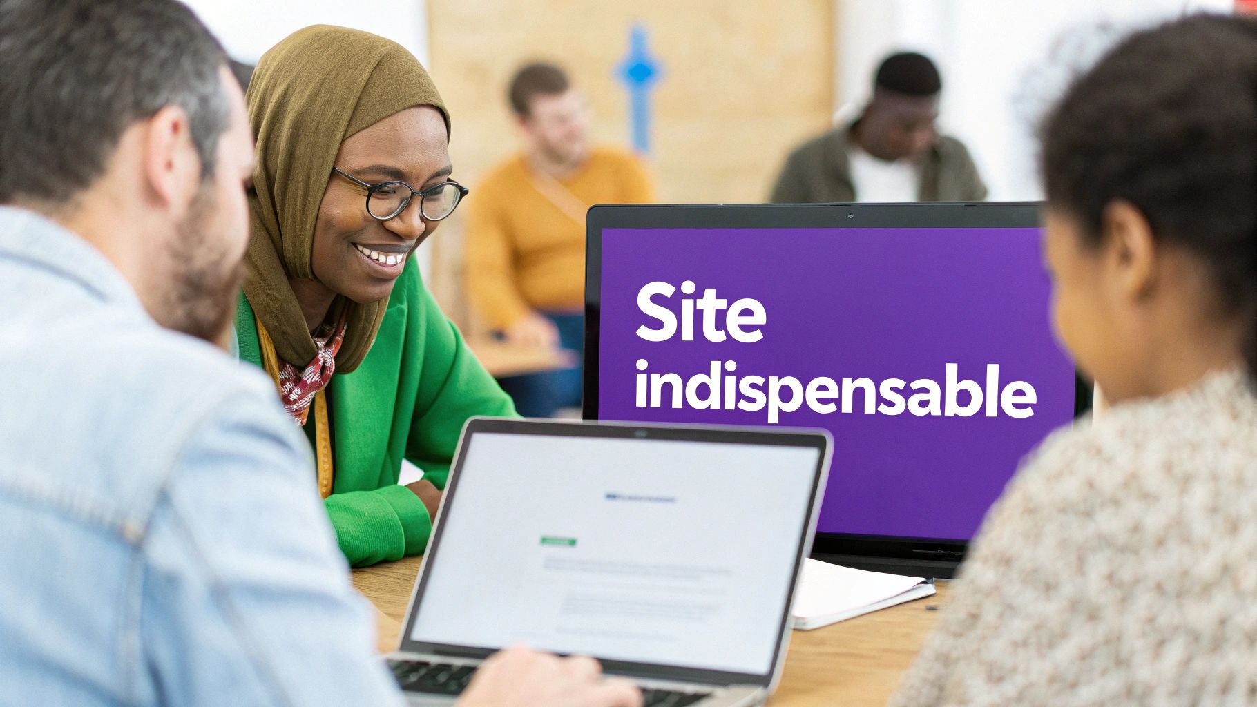 Trois personnes souriantes collaborent sur des ordinateurs portables et un écran affichant