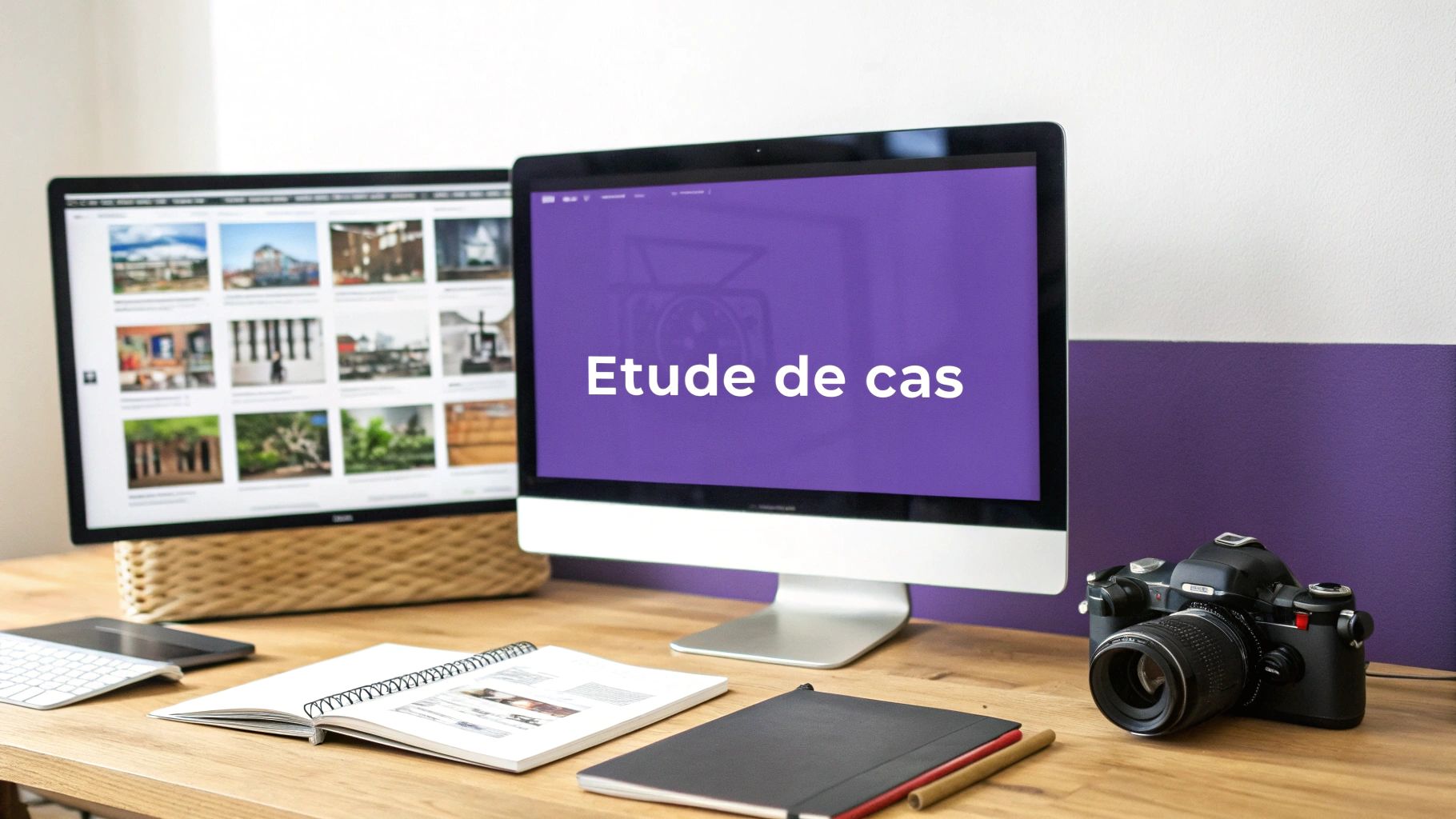 Bureau créatif avec deux écrans, un affichant un portfolio d'images et l'autre « Etude de cas », plus un appareil photo.