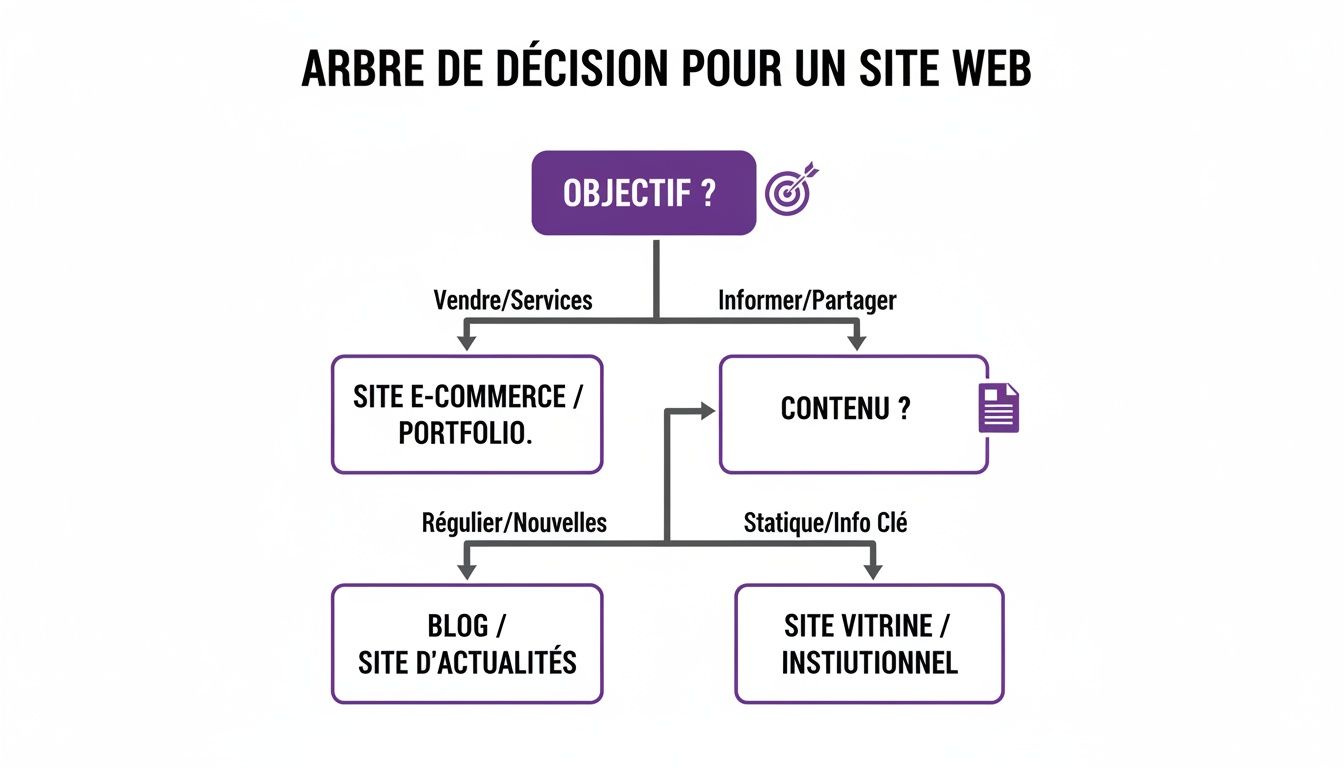 Arbre de décision expliquant les étapes pour choisir le type de site web idéal selon son objectif.