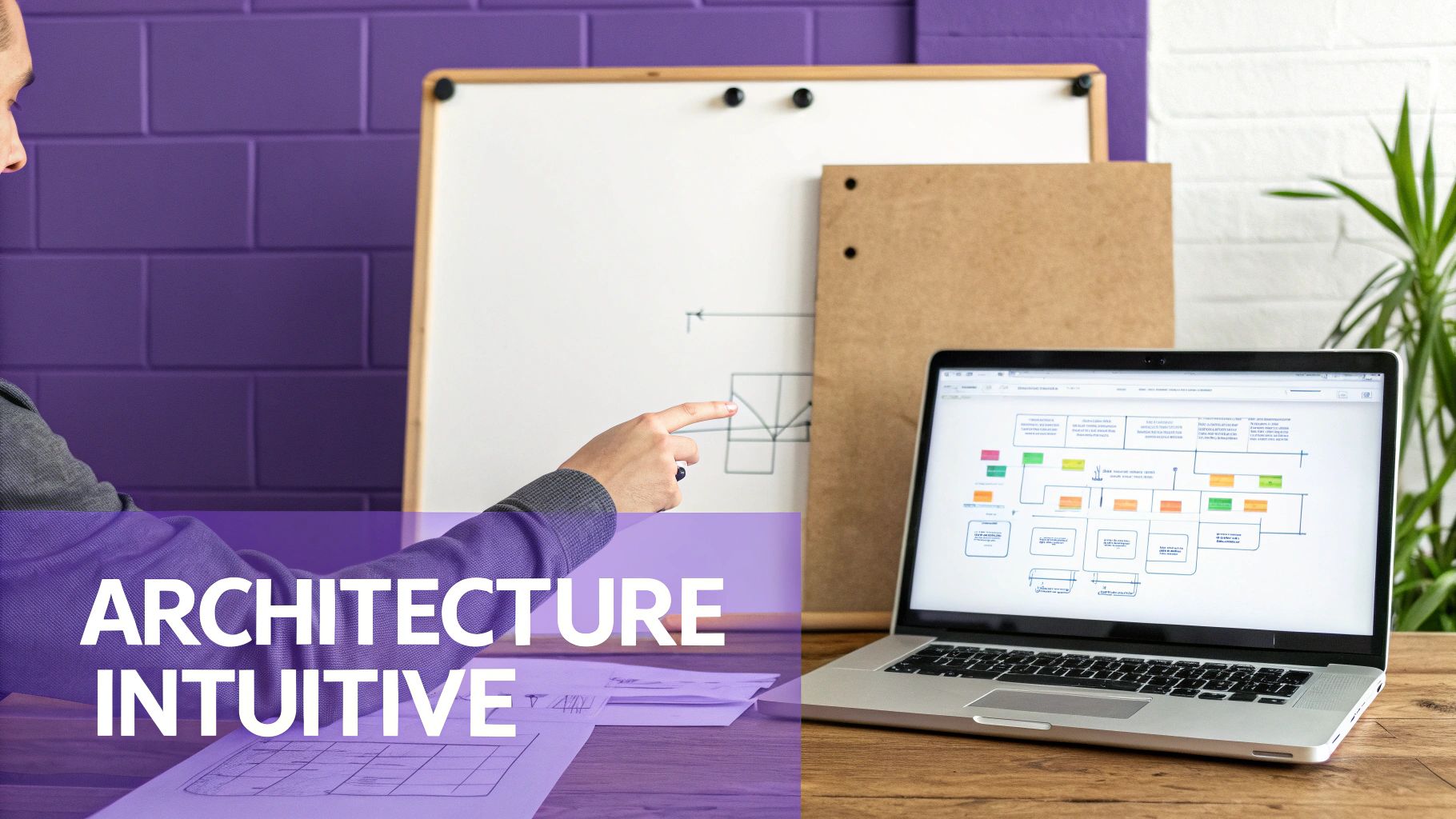Une personne pointe un tableau blanc avec des plans techniques, un ordinateur portable affiche un diagramme de processus. Texte: Architecture Intuitive.