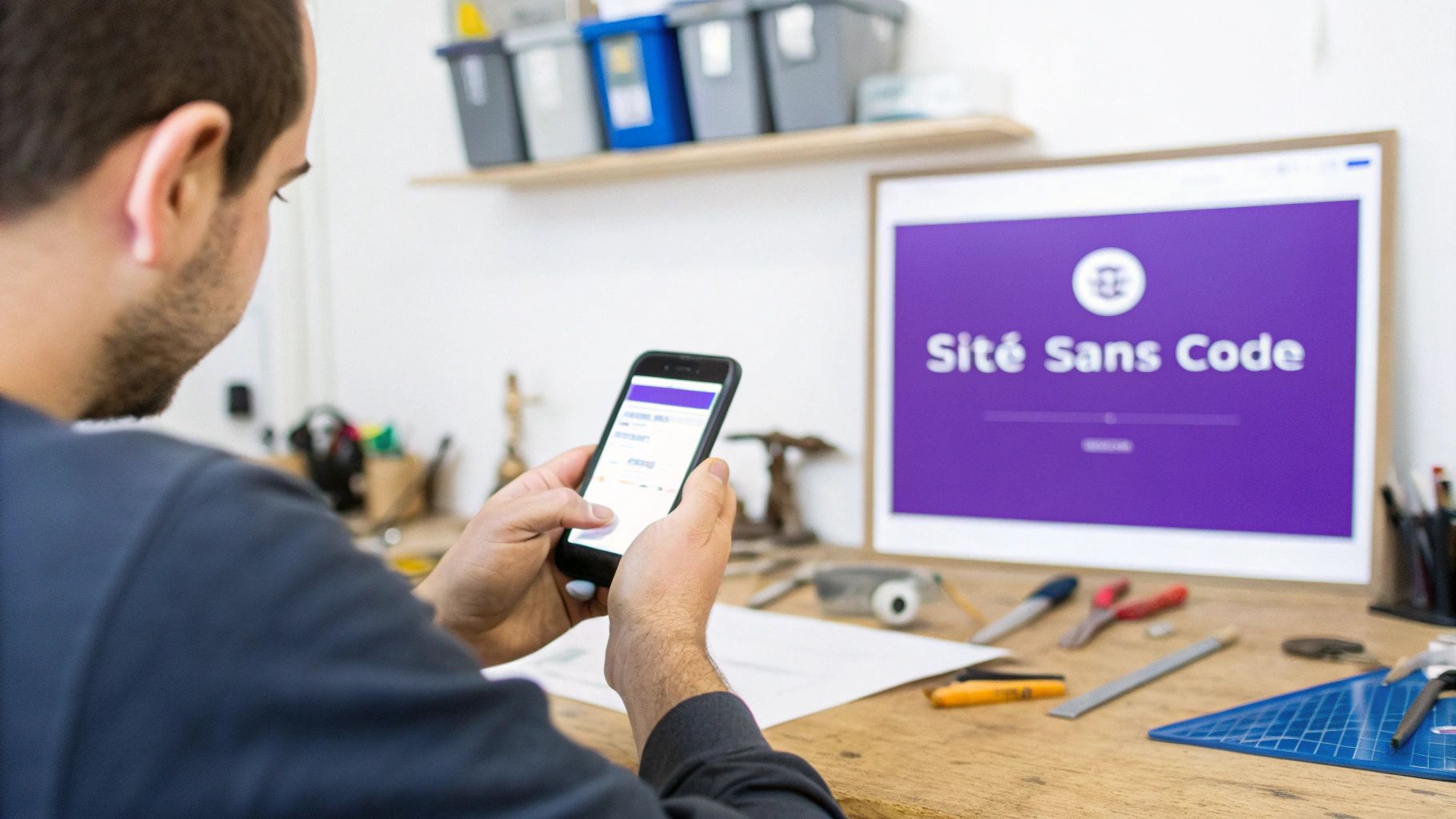 Un homme brun utilise son smartphone, naviguant sur une application, avec un moniteur affichant « Site Sans Code » en arrière-plan.