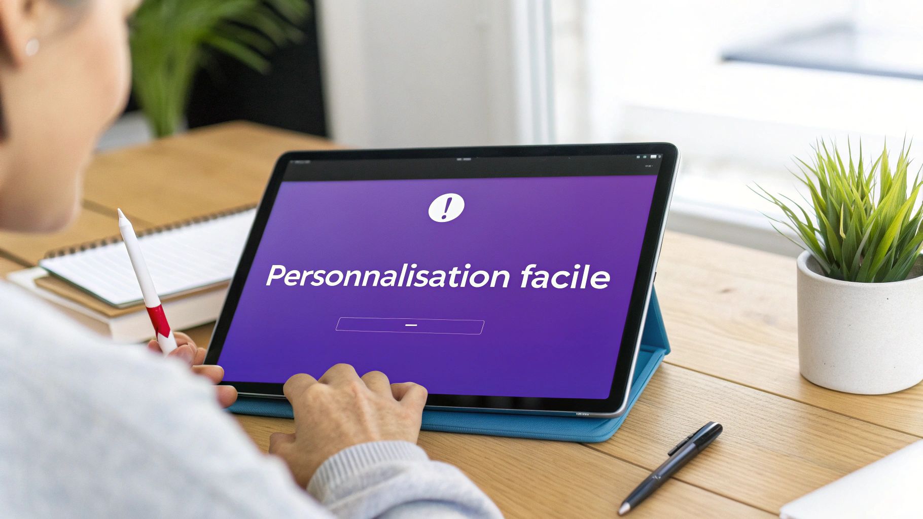Une personne personnalise facilement un site internet sur une tablette, affichant un écran violet avec le texte 'Personnalisation facile'.