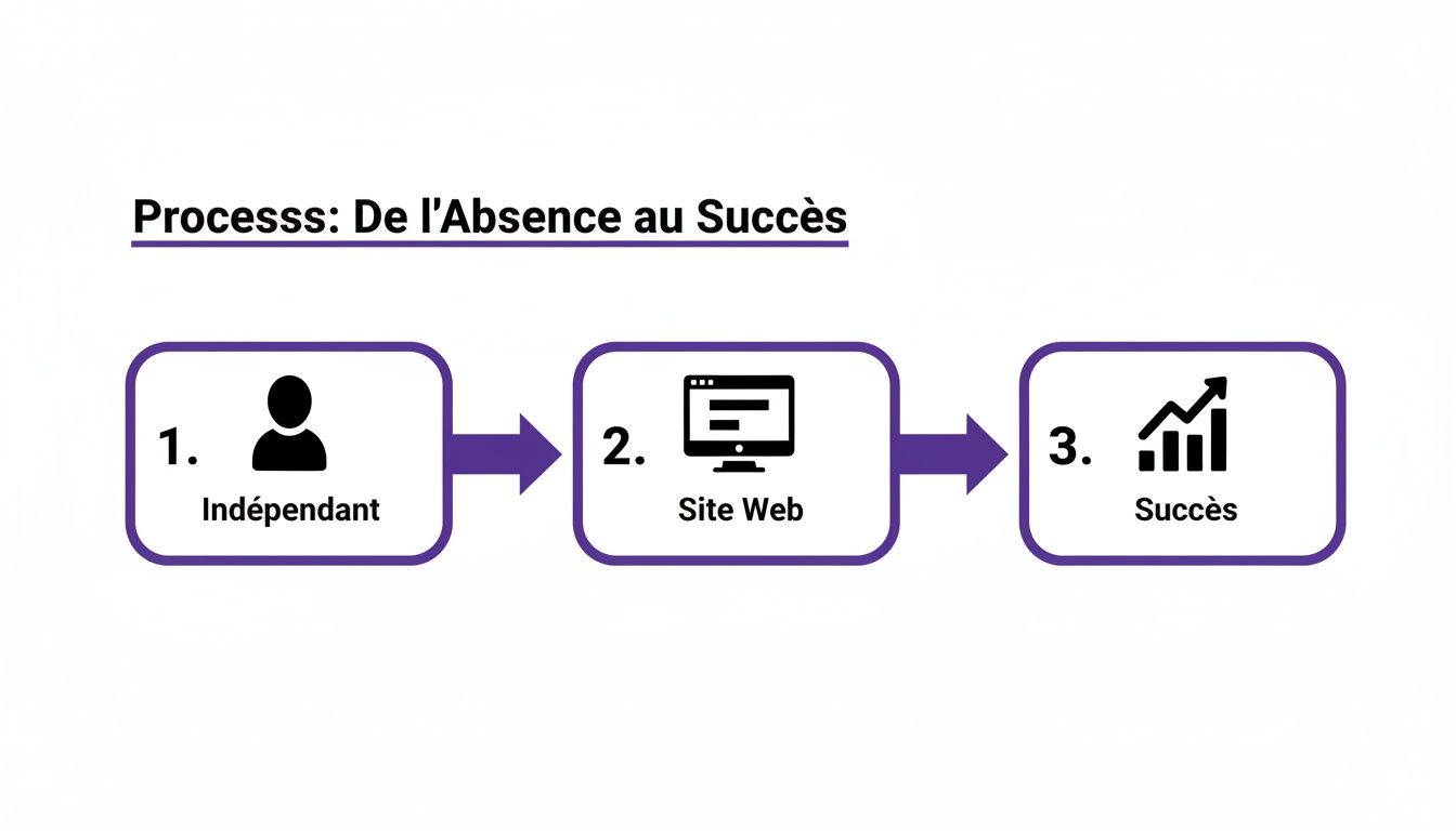 Un diagramme de processus en trois étapes montrant comment passer de l'indépendant au succès avec un site web.