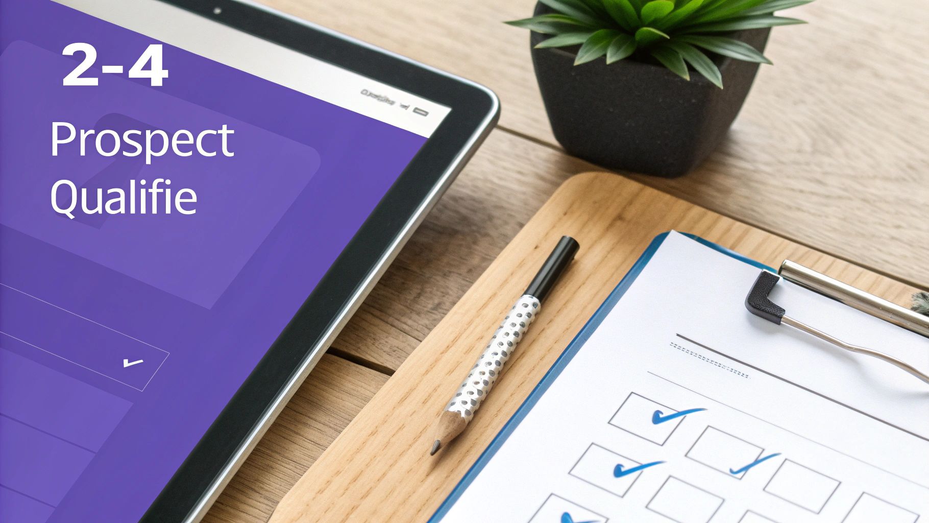 Tablette affichant « 2-4 Prospect Qualifie » sur un bureau en bois avec une plante et une checklist à cocher.