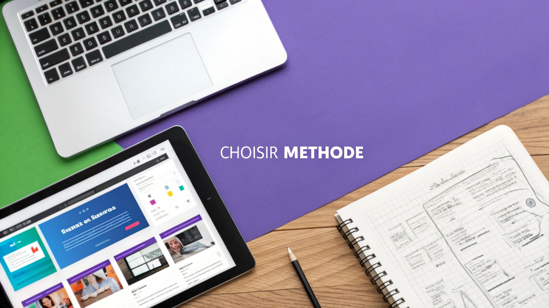 Un espace de travail avec un ordinateur portable, une tablette, un carnet de notes et un crayon, sur fond vert et violet, avec le texte 