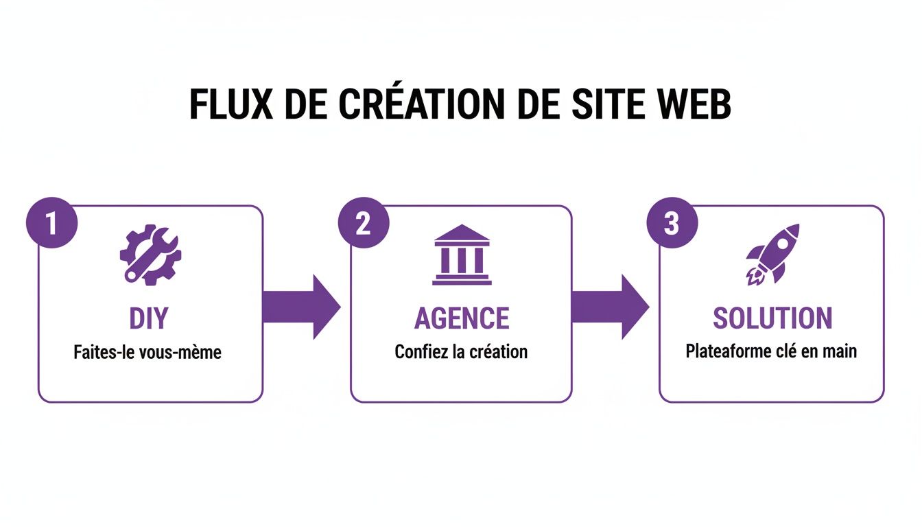 Flux de création de site web présentant trois approches : Faites-le vous-même, agence et solution clé en main, avec des icônes explicatives.