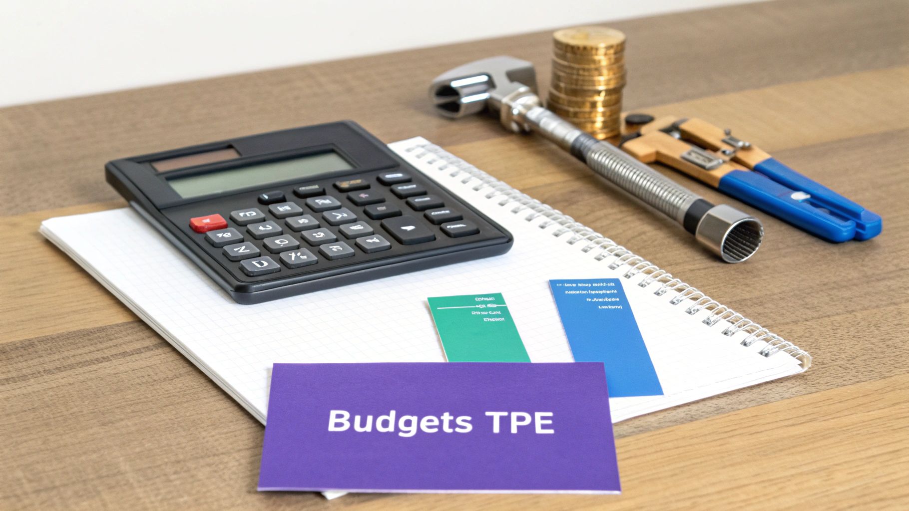 Calculatrice, cahier, pièces de monnaie et outils, avec une carte violette 