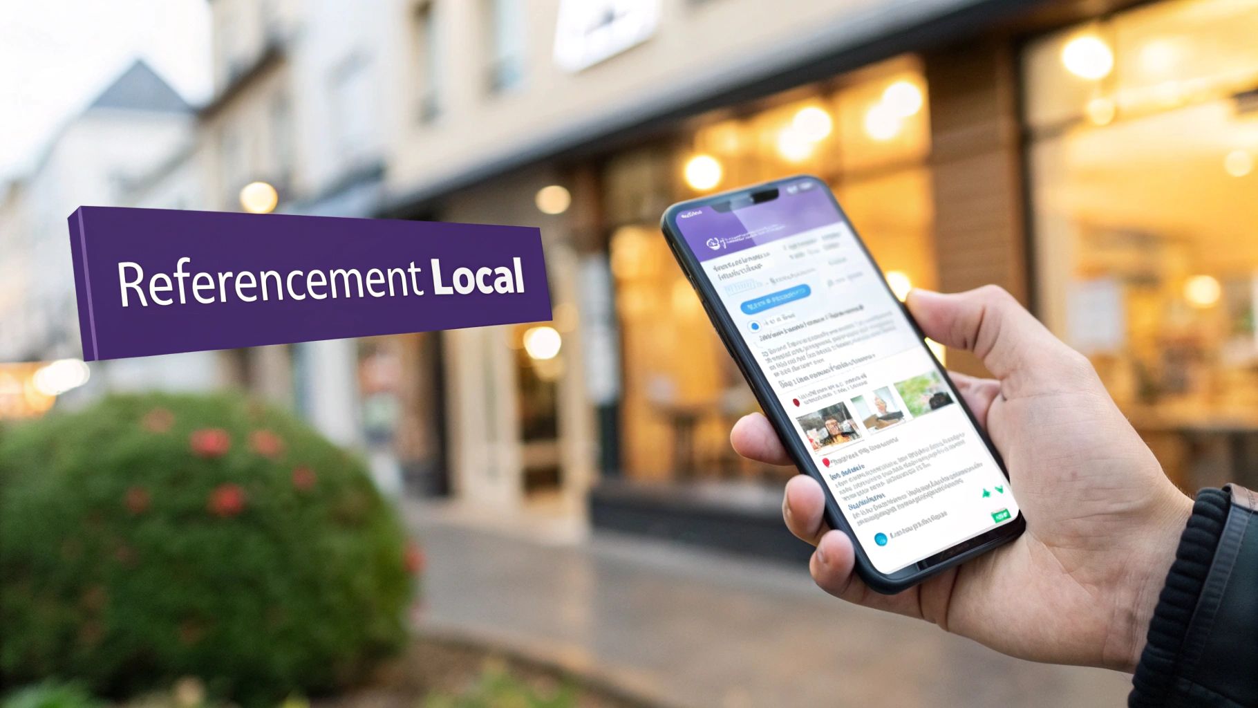 Panneau 3D 'Referencement Local' flottant au-dessus d'une rue animée, avec une personne consultant des informations locales sur son smartphone.