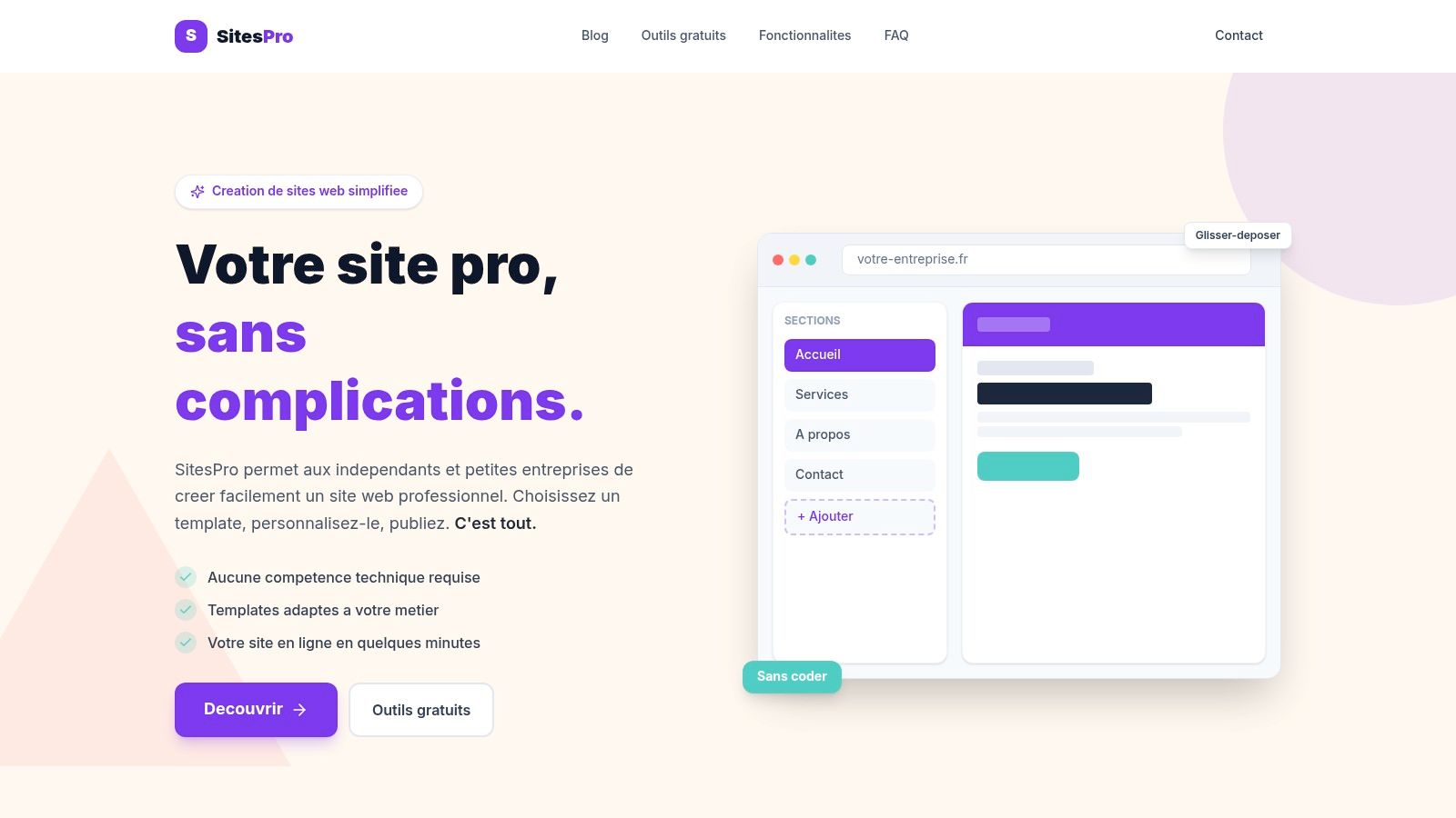 Interface de création de site vitrine sur SitesPro.fr