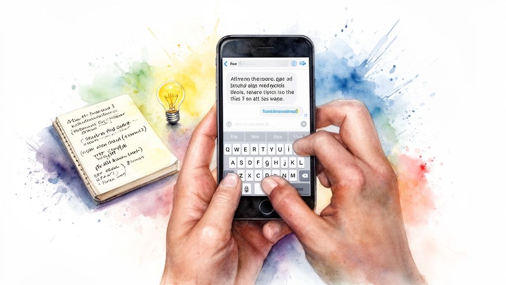 Hands type a message on a smartphone next to a notebook and glowing lightbulb.