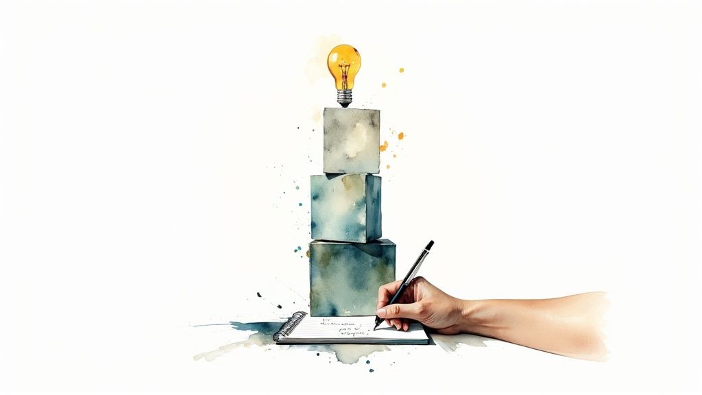 A hand writes in a notebook beside a stack of three watercolor blocks, topped with a glowing light bulb, symbolizing ideas and learning.