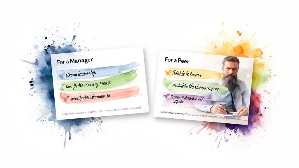Two feedback cards, one for a manager and one for a peer, with watercolor accents.
