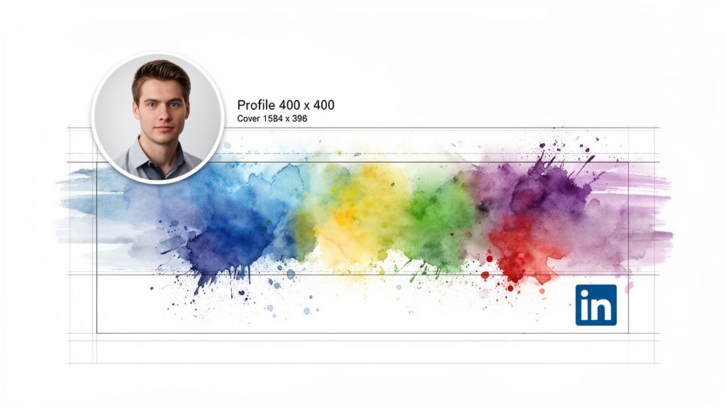LinkedIn profile and cover photo template featuring a man's profile picture, colorful watercolor art, and dimensions.
