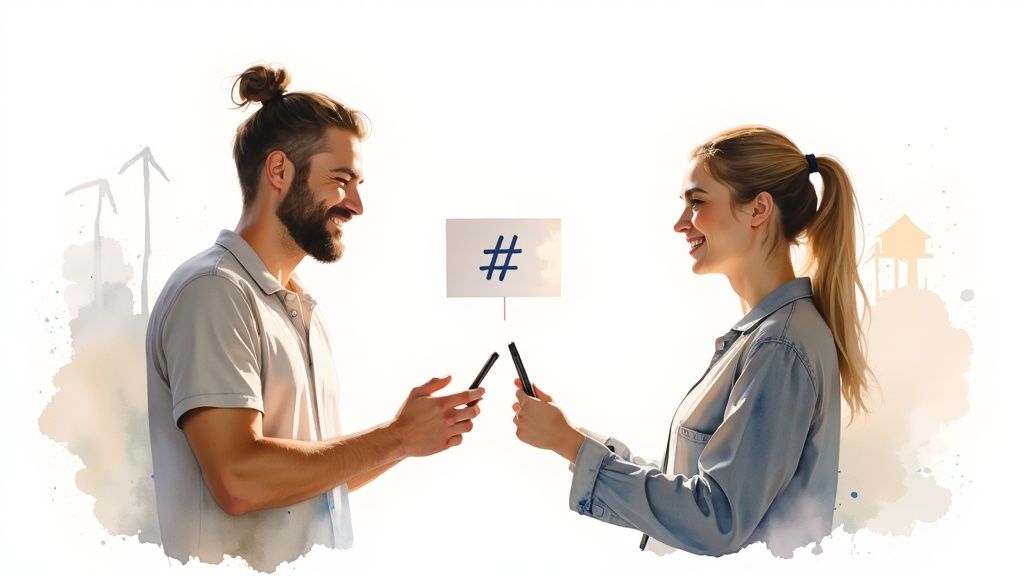 A smiling man and woman exchanging content with a hashtag symbol, using their smartphones.