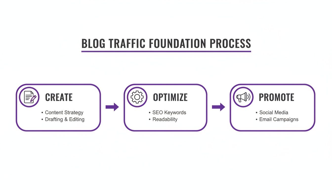 A diagram outlining the blog traffic foundation process: Create, Optimize, and Promote steps.