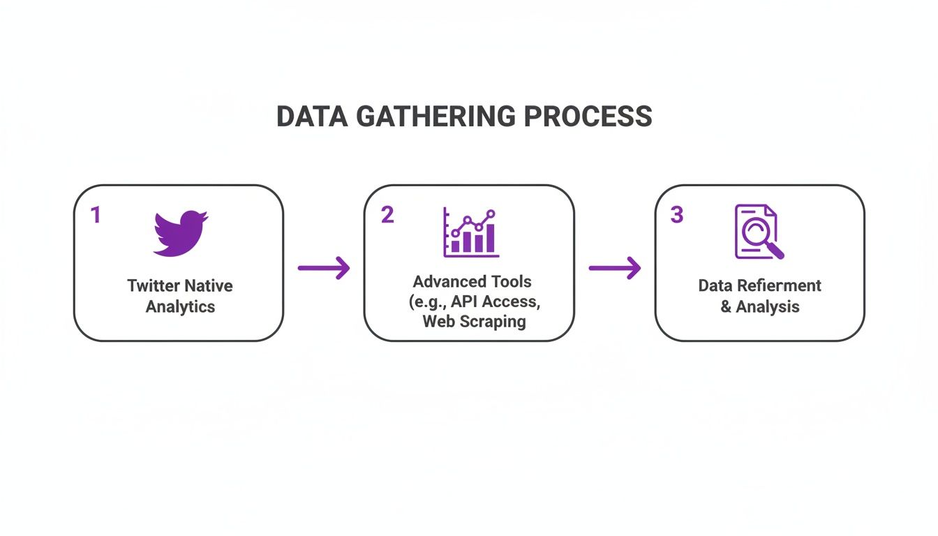 Diagram showing a three-step data gathering process: Twitter analytics, advanced tools, and data analysis.