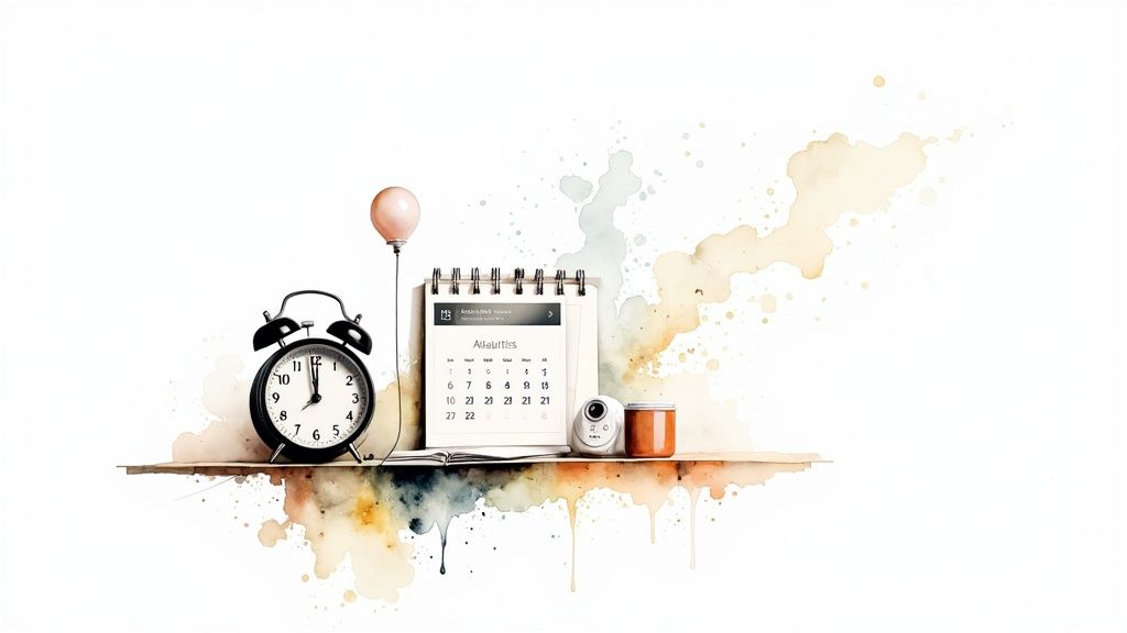 A calendar and a clock next to a laptop showing social media analytics