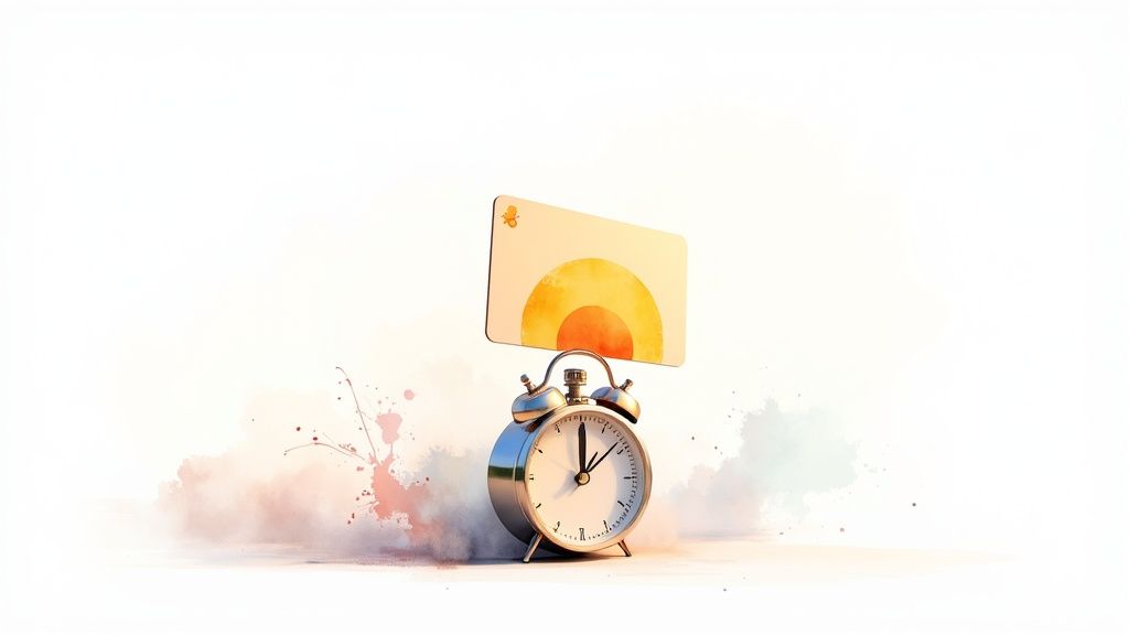 A silver alarm clock with a colorful card featuring a bee and sun design floating above it.