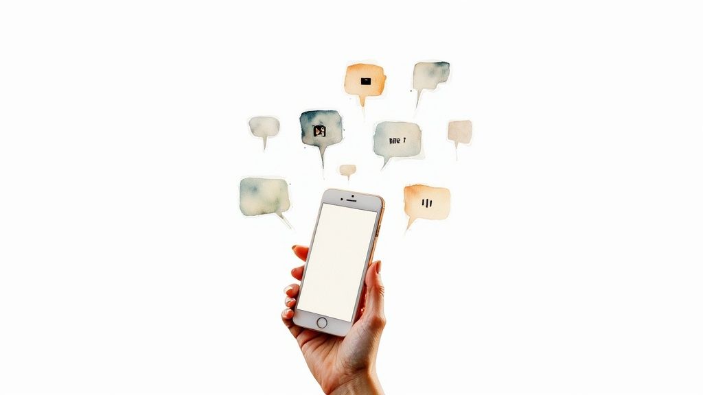 A hand holds a smartphone, surrounded by colorful watercolor speech bubbles suggesting digital communication.