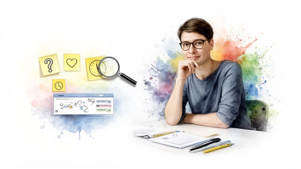 A person with glasses sits at a desk, surrounded by colorful splashes and digital interface elements.