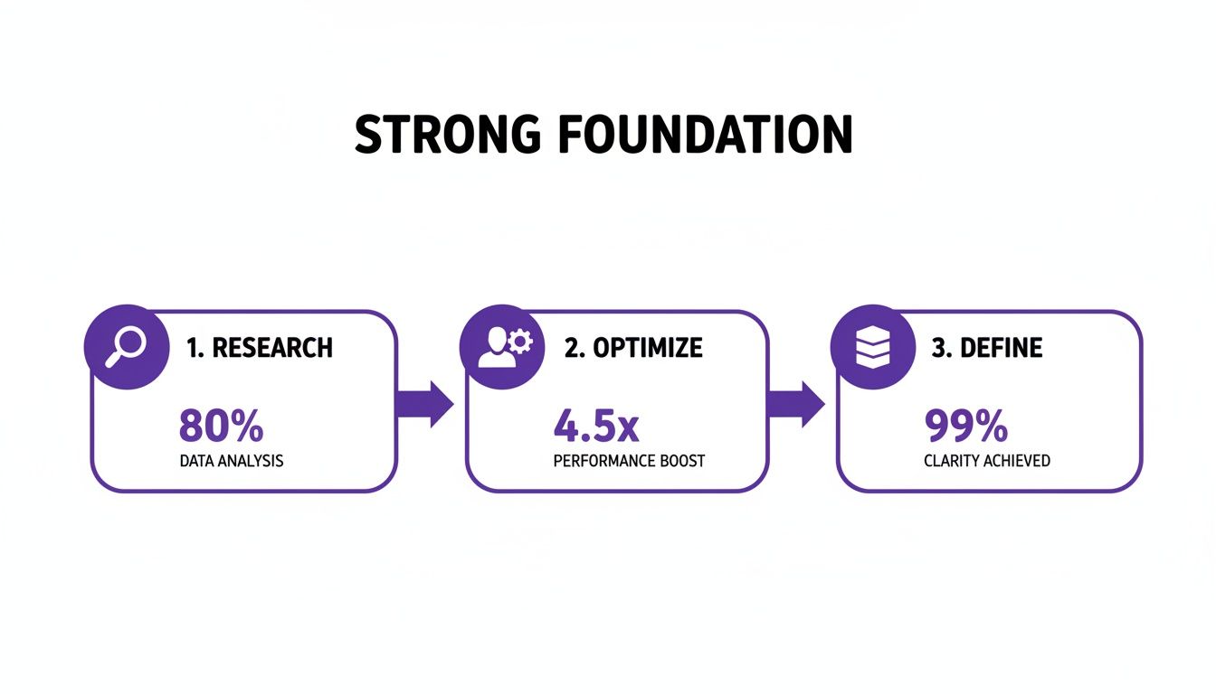 A three-step process for a strong foundation: Research (80% data analysis), Optimize (4.5x performance boost), and Define (99% clarity).
