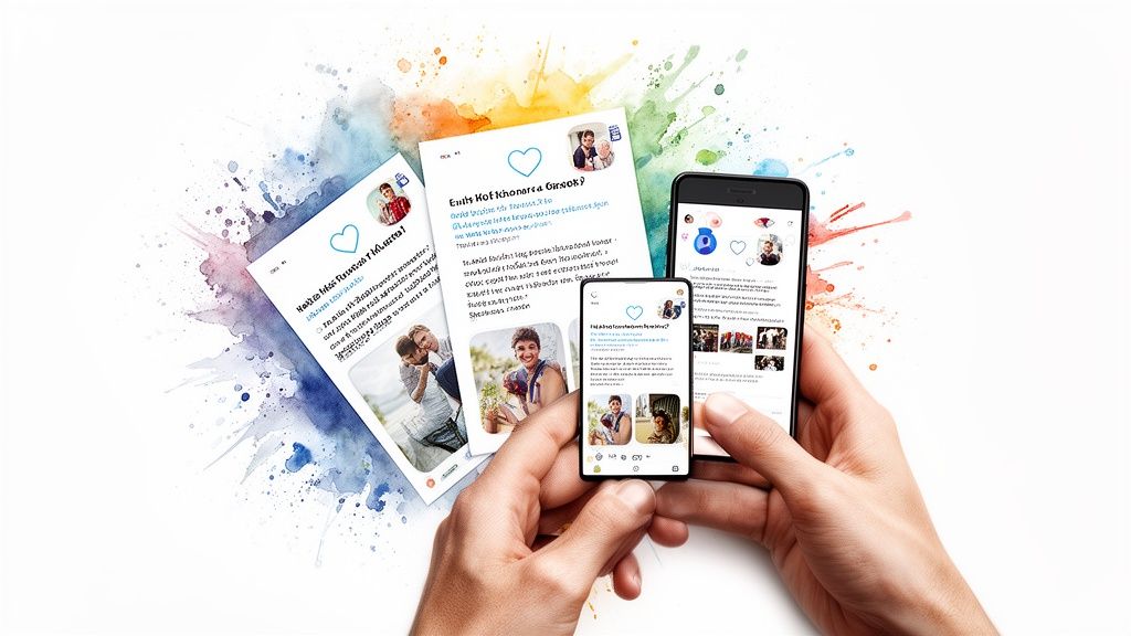 Hands holding smartphones displaying social media content, with printed pages and colorful paint splashes.