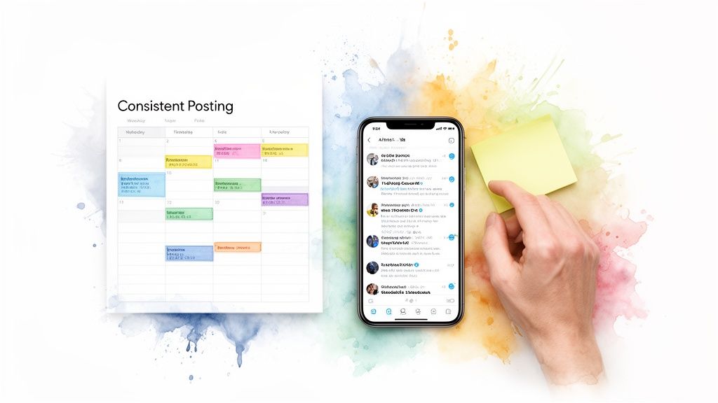 A calendar showing consistent social media posting next to a smartphone with a feed, planning content.