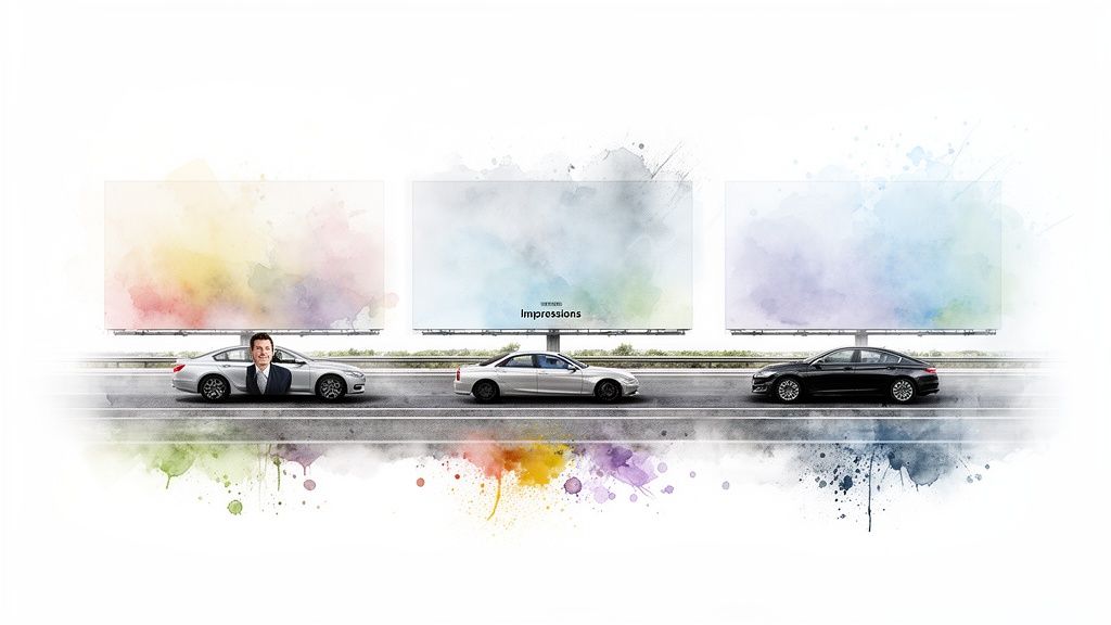 Three cars on a highway beneath three colorful, watercolor-style billboards, the middle one displaying 'Impressions'.