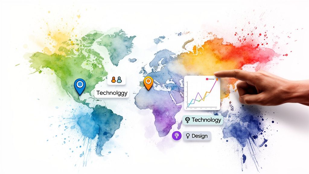 A colorful watercolor world map with location pins, a graph, a hand, and text labels for technology and design.
