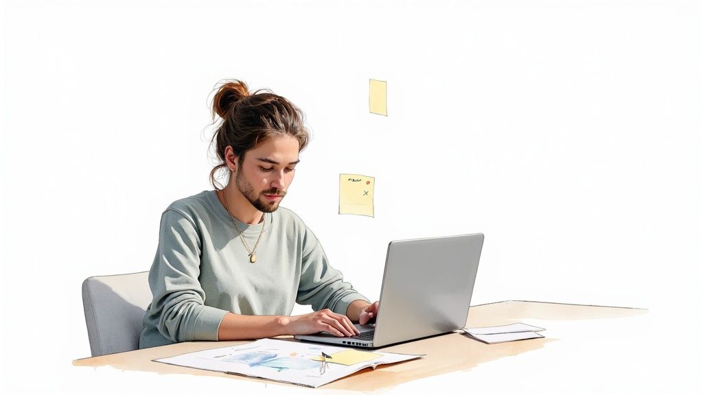 A person at a desk strategically planning social media content on a laptop and sticky notes, representing the foundational steps to increase engagement.