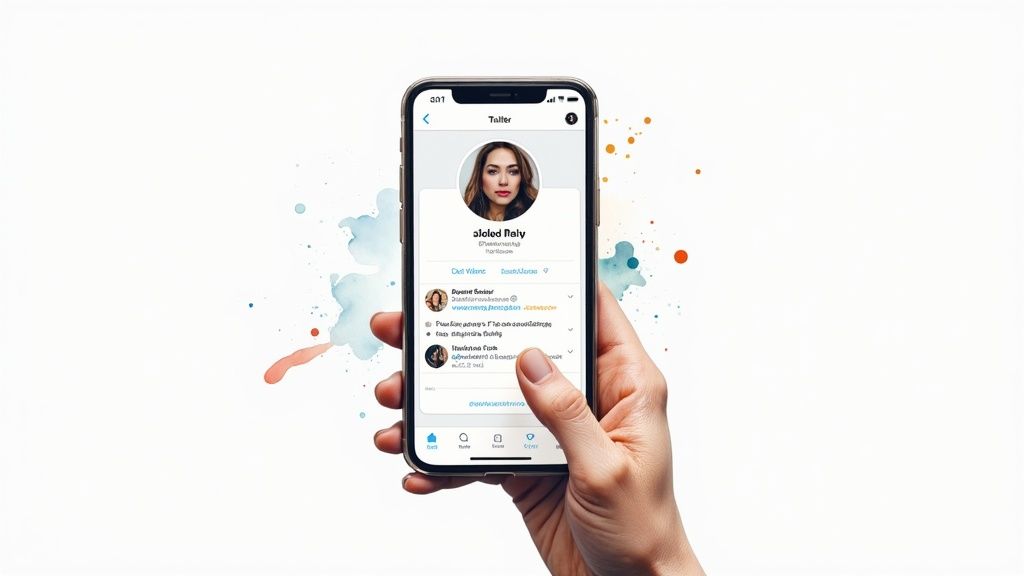 A hand holds a smartphone displaying a social media profile with a woman's picture and text.