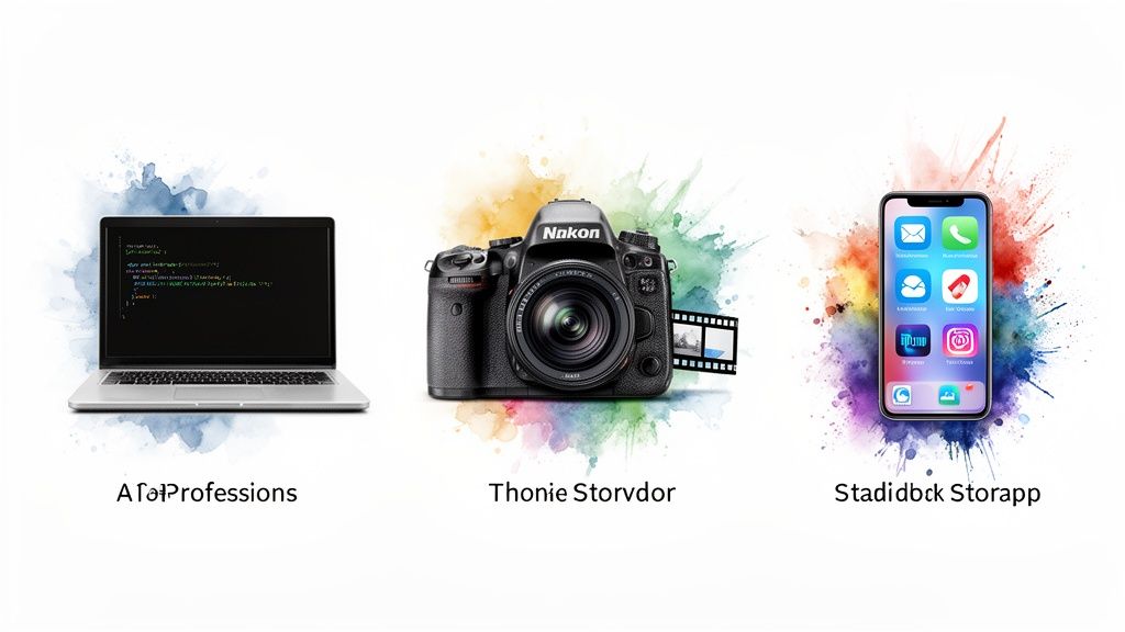 A laptop with code, a DSLR camera, and a smartphone with app icons, against colorful watercolor backgrounds.