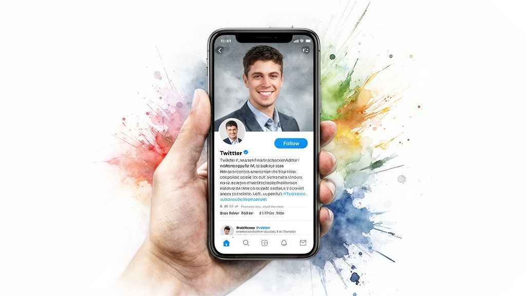 Hand holding a smartphone displaying a Twitter profile with a man in a suit and a 'Follow' button.
