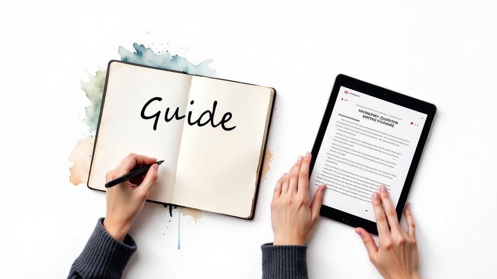 A person typing on a laptop with a creative and engaging background, symbolizing content creation.