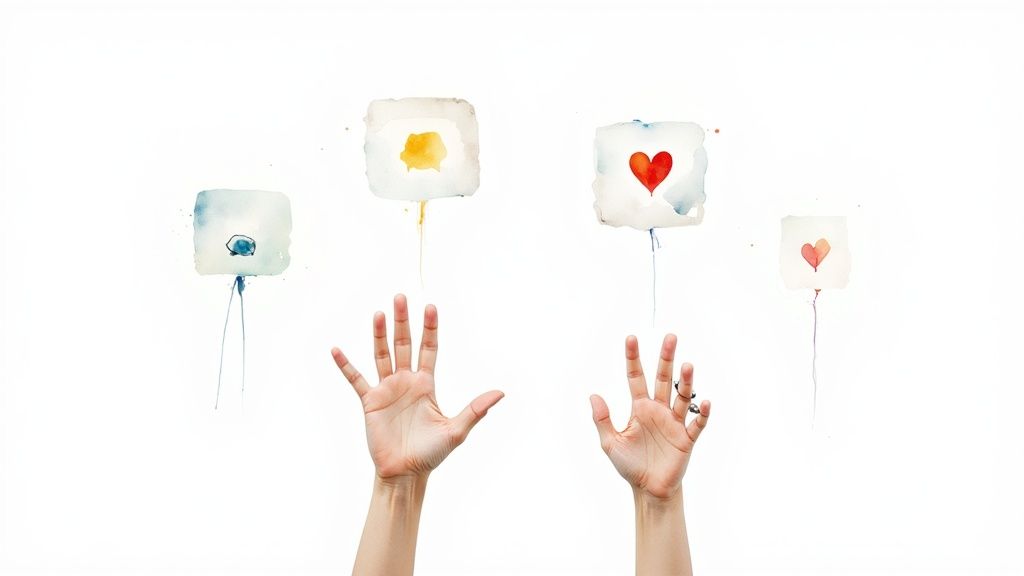 Hands reaching towards floating watercolor icons representing digital interaction and emotions.