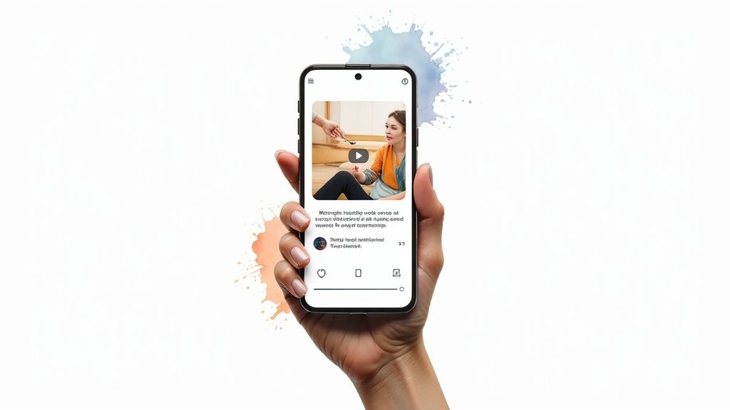 A creator filming a short-form video on their phone with a ring light, emphasizing the importance of video content for engagement.