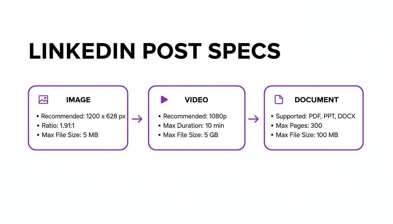 LinkedIn post specifications detailing recommended sizes and requirements for image, video, and document formats.