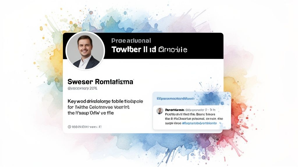 A mock-up of a social media profile with a smiling man's picture, text, and watercolor background.