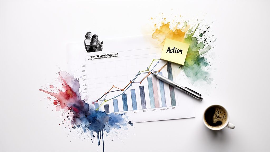 Business chart showing upward trend, colorful watercolor splashes, a pen, 'Action' note, and coffee cup.