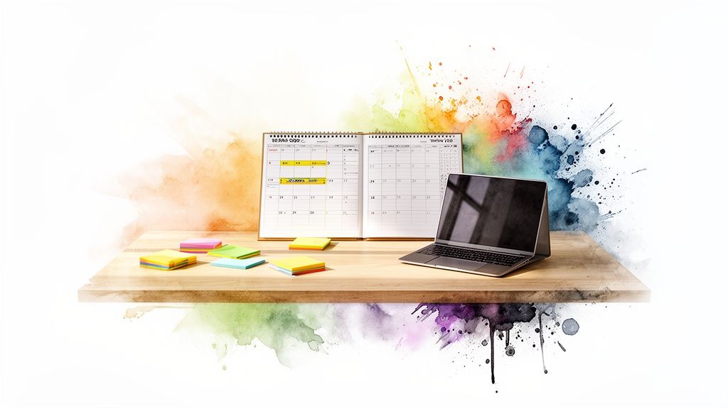 A creative workspace with an open calendar, laptop, and colorful sticky notes on a wooden desk with watercolor art.