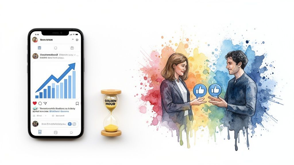 A smartphone with a growth chart, hourglass, and two people exchanging likes, symbolizing social media strategy and engagement.